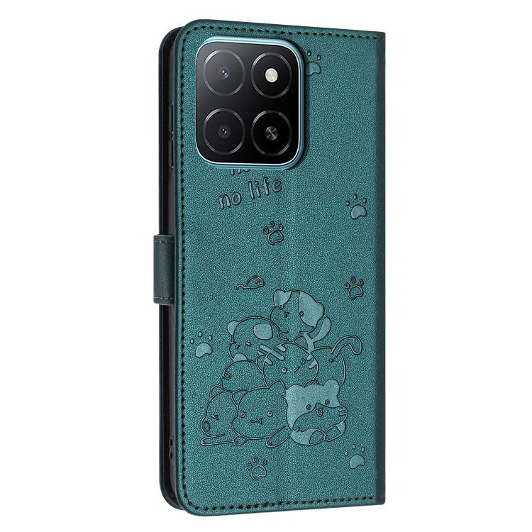 For Honor X6c 4G Embossed Kitten Phone Leather Case with Lanyard
