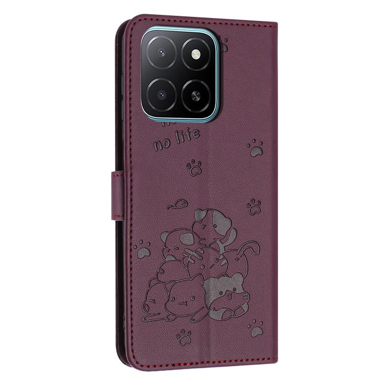 For Honor X6c 4G Embossed Kitten Phone Leather Case with Lanyard