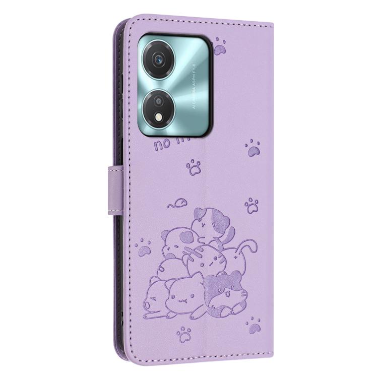 For Honor X5c Plus Embossed Kitten Phone Leather Case with Lanyard
