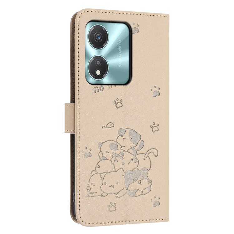For Honor X5c Plus Embossed Kitten Phone Leather Case with Lanyard