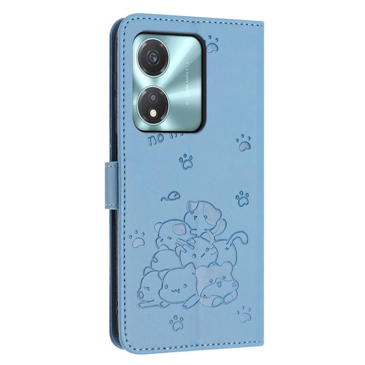 For Honor X5c Plus Embossed Kitten Phone Leather Case with Lanyard