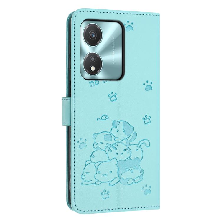 For Honor X5c Plus Embossed Kitten Phone Leather Case with Lanyard