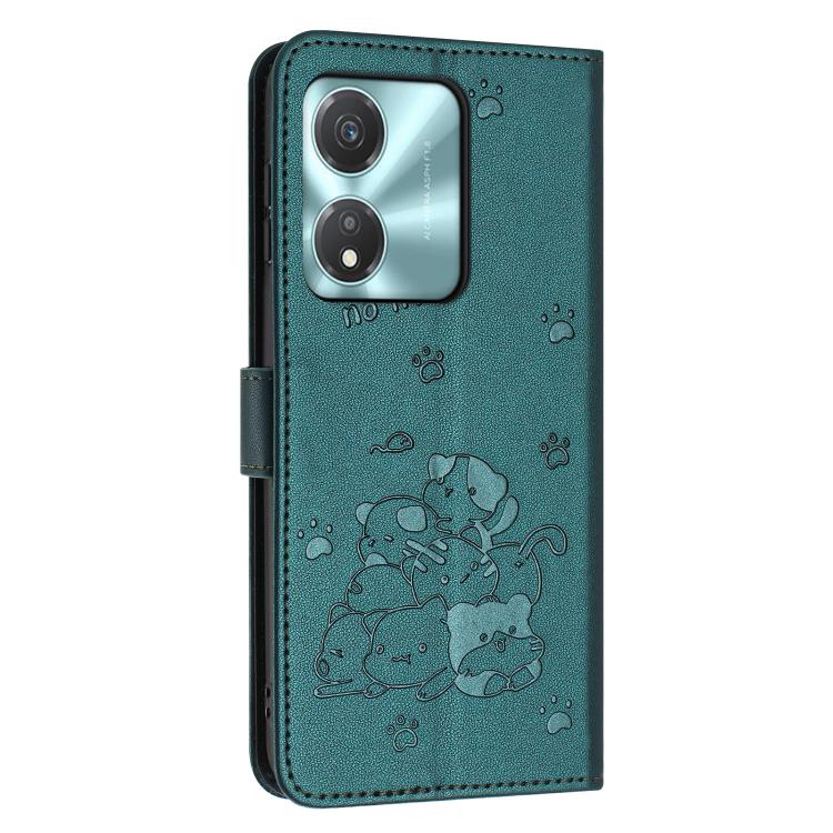 For Honor X5c Plus Embossed Kitten Phone Leather Case with Lanyard