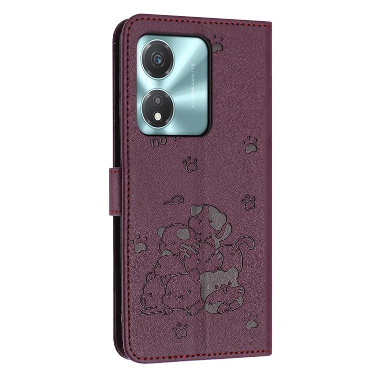 For Honor X5c Plus Embossed Kitten Phone Leather Case with Lanyard