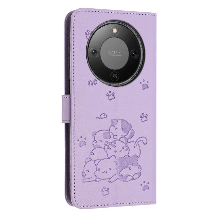 For Honor X70 5G Embossed Kitten Phone Leather Case with Lanyard