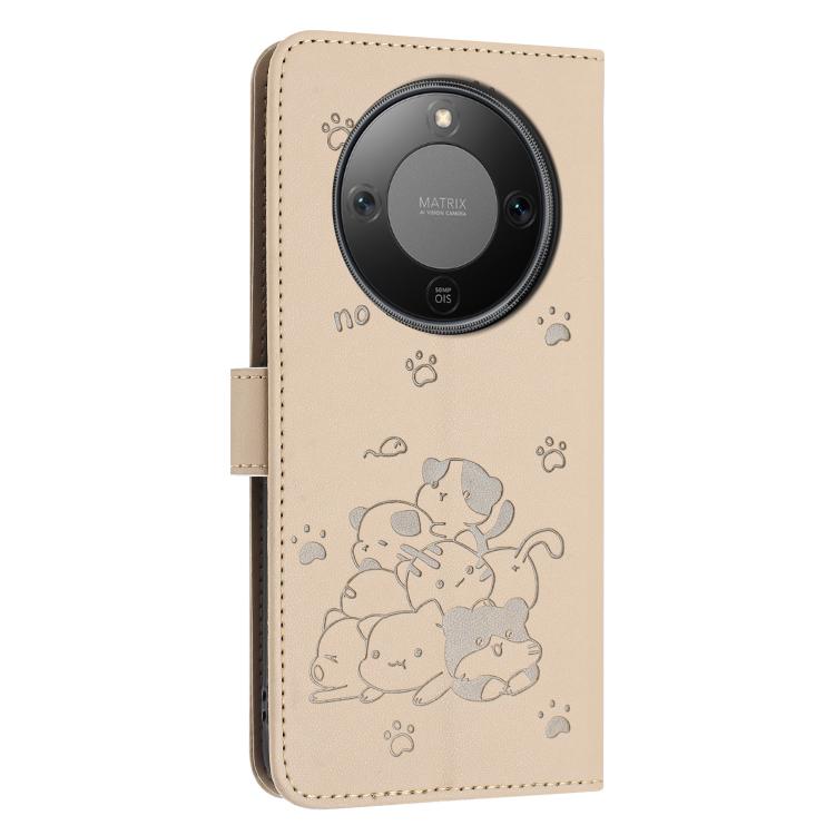 For Honor X70 5G Embossed Kitten Phone Leather Case with Lanyard