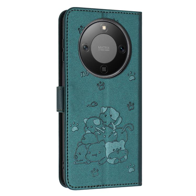 For Honor X70 5G Embossed Kitten Phone Leather Case with Lanyard