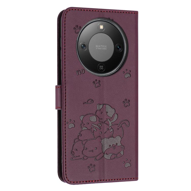 For Honor X70 5G Embossed Kitten Phone Leather Case with Lanyard