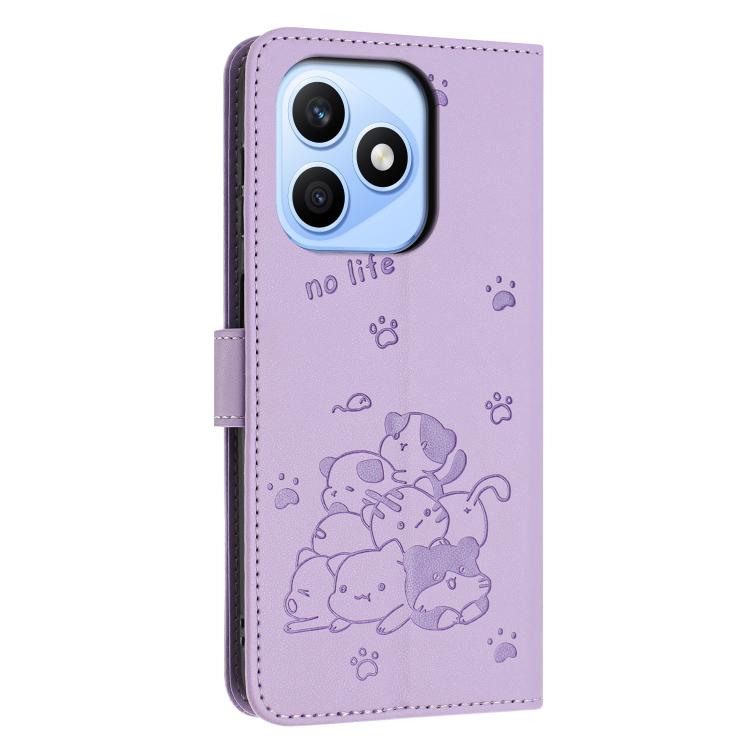 For Honor X8d 4G Embossed Kitten Phone Leather Case with Lanyard