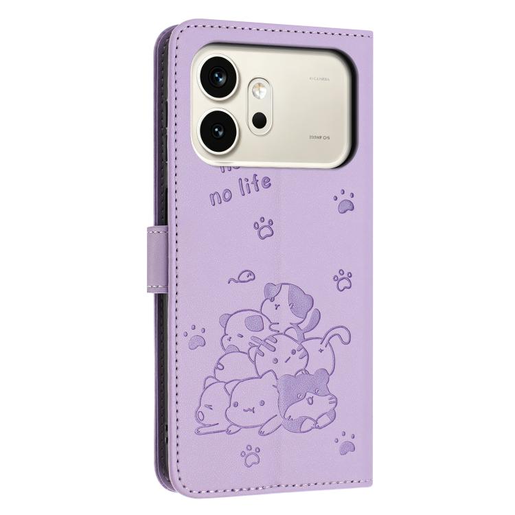 For Honor 600 / 600 Pro Global Embossed Kitten Phone Leather Case with Lanyard