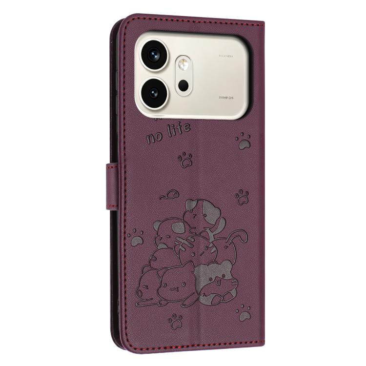 For Honor 600 / 600 Pro Global Embossed Kitten Phone Leather Case with Lanyard