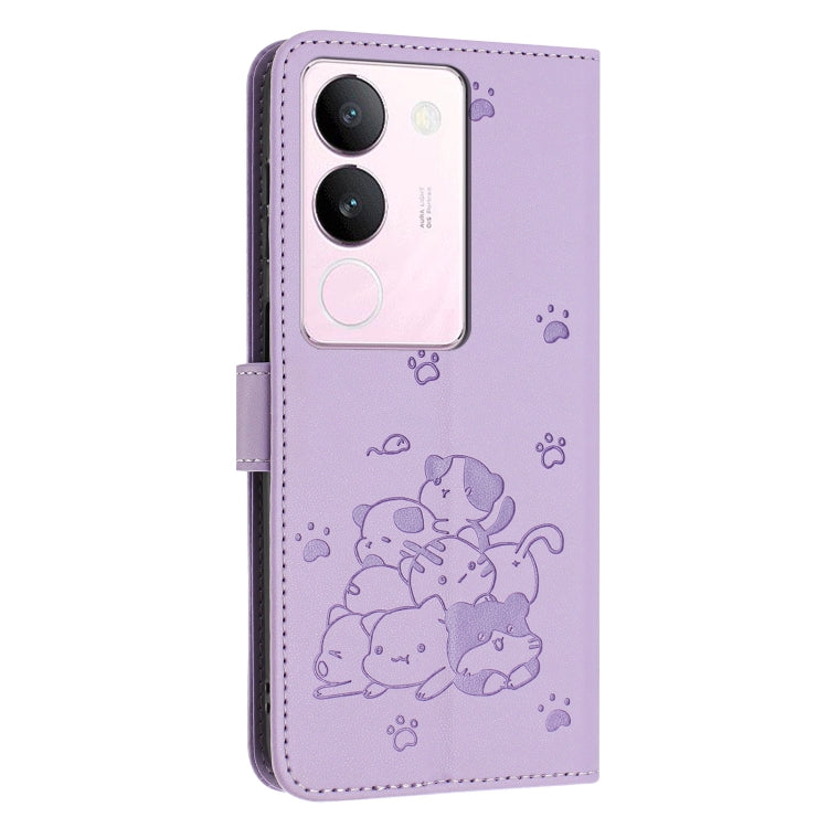 For vivo S17 / S17 Pro / S17t Embossed Kitten Phone Leather Case with Lanyard