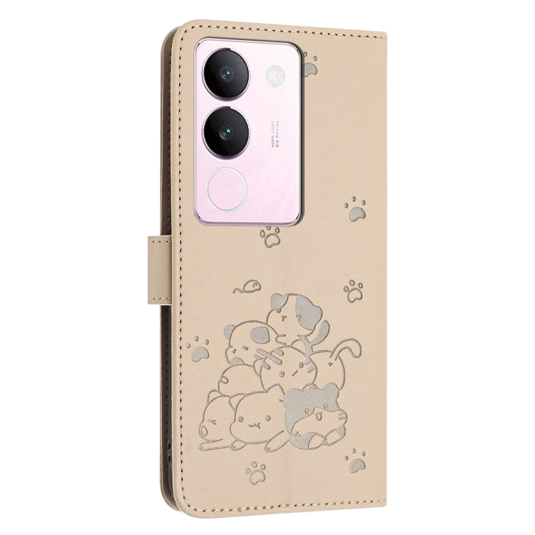 For vivo S17 / S17 Pro / S17t Embossed Kitten Phone Leather Case with Lanyard
