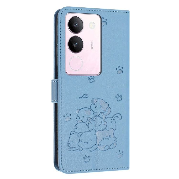 For vivo S17 / S17 Pro / S17t Embossed Kitten Phone Leather Case with Lanyard