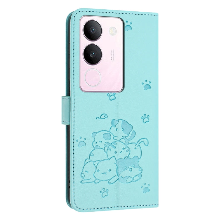 For vivo S17 / S17 Pro / S17t Embossed Kitten Phone Leather Case with Lanyard