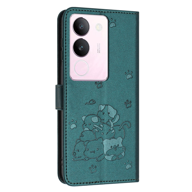 For vivo S17 / S17 Pro / S17t Embossed Kitten Phone Leather Case with Lanyard