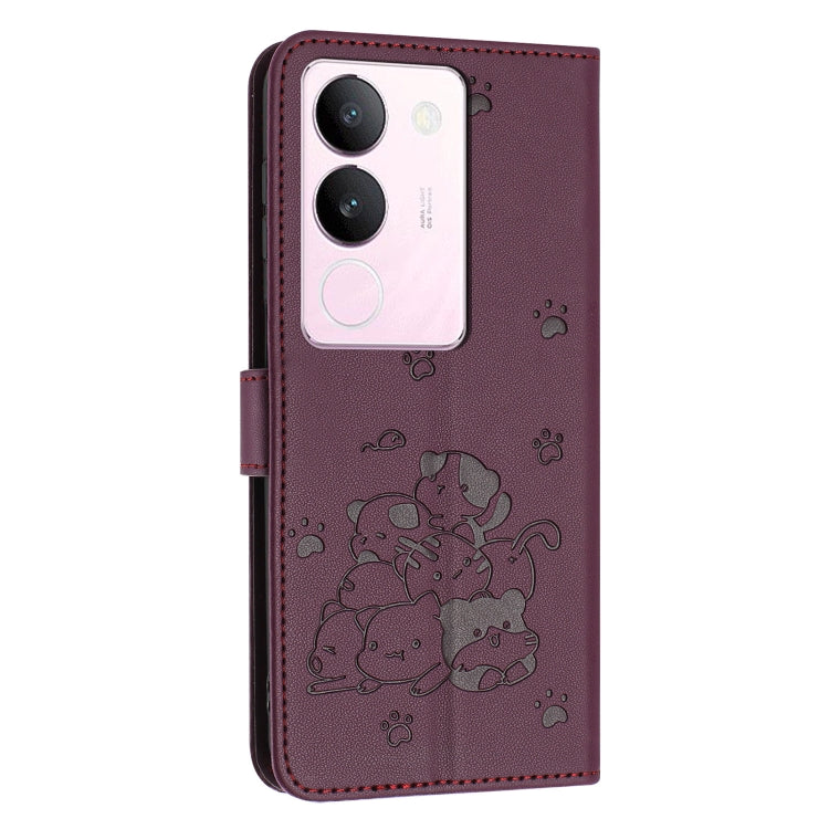 For vivo S17 / S17 Pro / S17t Embossed Kitten Phone Leather Case with Lanyard