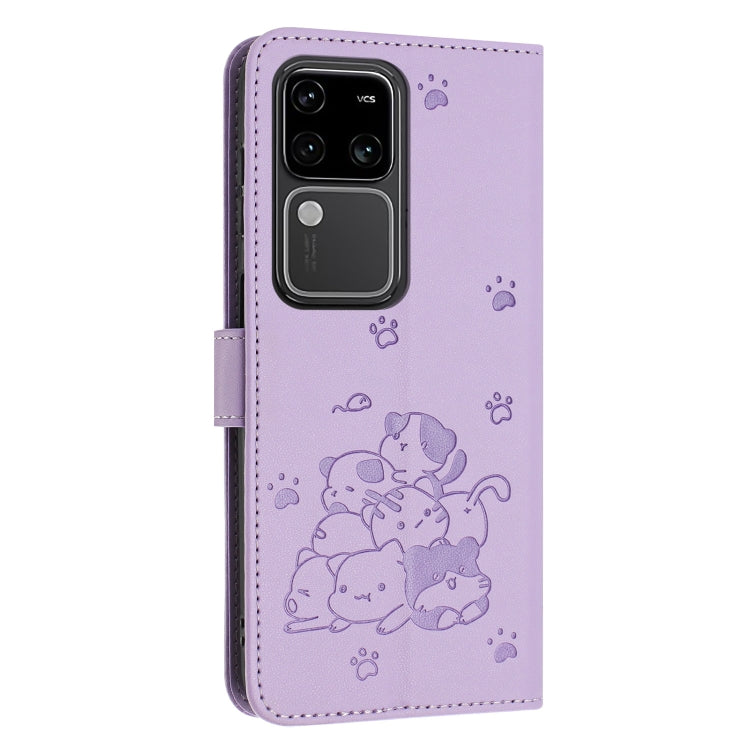 For vivo S18 / S18 Pro Embossed Kitten Phone Leather Case with Lanyard