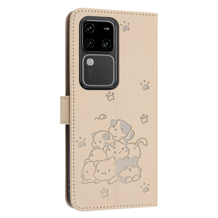 For vivo S18 / S18 Pro Embossed Kitten Phone Leather Case with Lanyard