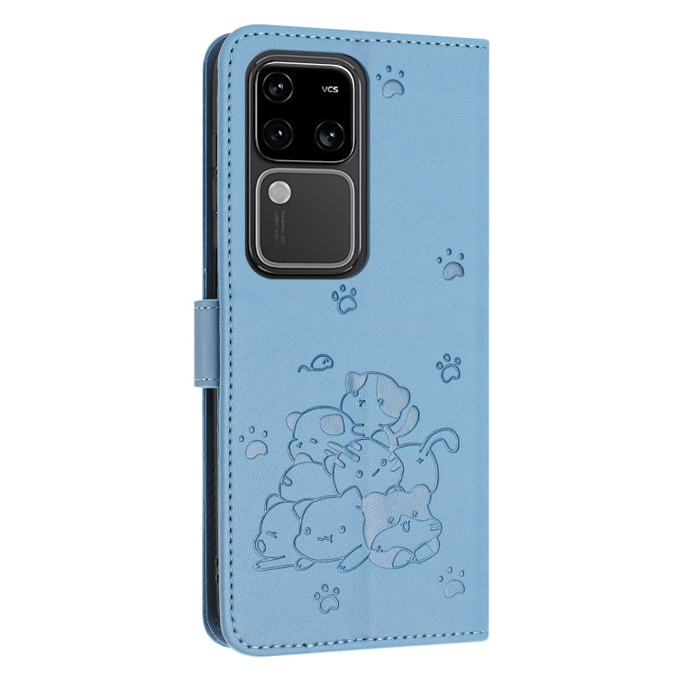 For vivo S18 / S18 Pro Embossed Kitten Phone Leather Case with Lanyard