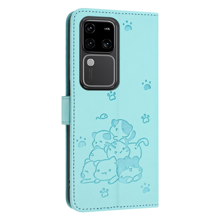 For vivo S18 / S18 Pro Embossed Kitten Phone Leather Case with Lanyard