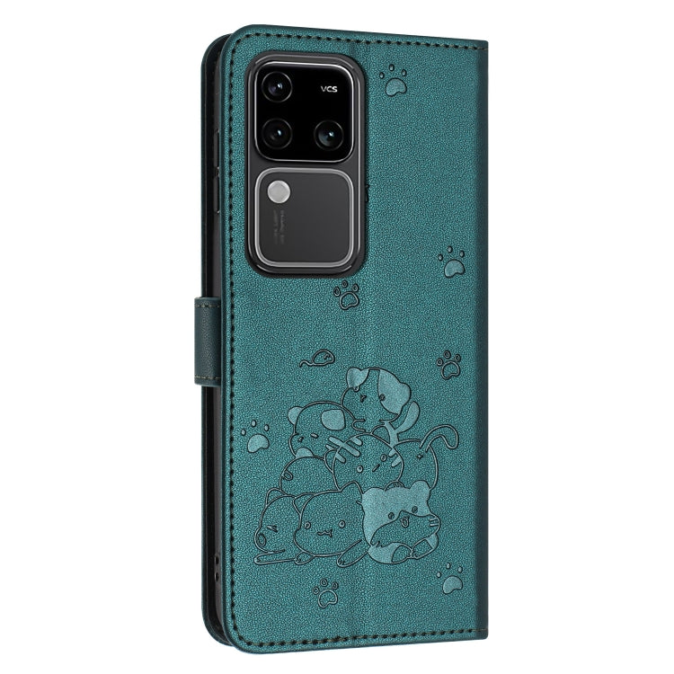 For vivo S18 / S18 Pro Embossed Kitten Phone Leather Case with Lanyard