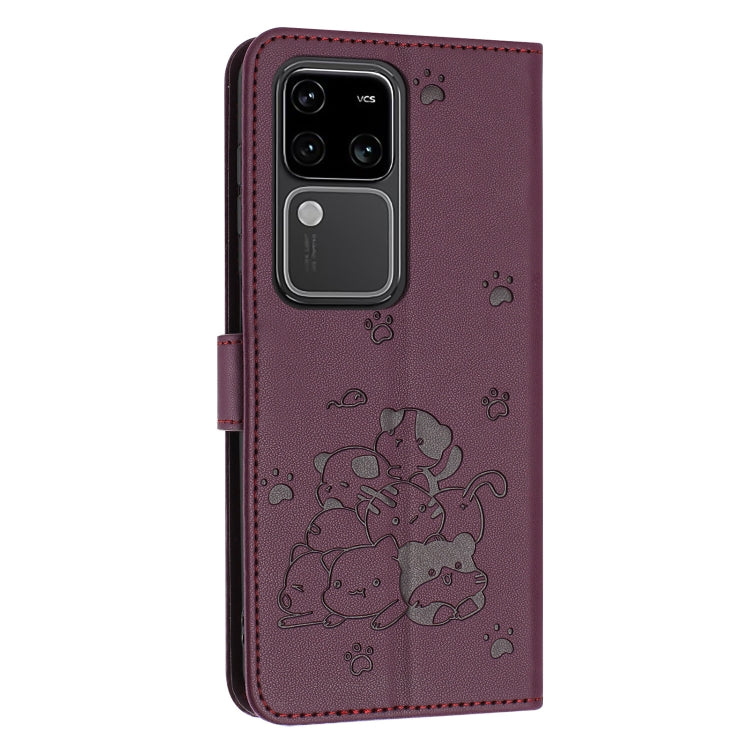 For vivo S18 / S18 Pro Embossed Kitten Phone Leather Case with Lanyard