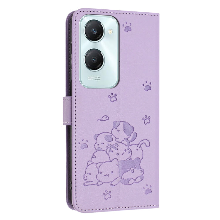 For vivo Y03 4G / Y18 / Y18e Embossed Kitten Phone Leather Case with Lanyard
