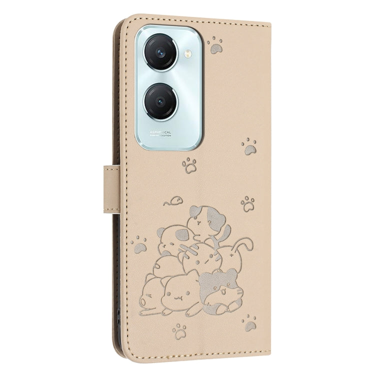 For vivo Y03 4G / Y18 / Y18e Embossed Kitten Phone Leather Case with Lanyard