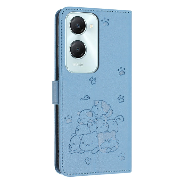 For vivo Y03 4G / Y18 / Y18e Embossed Kitten Phone Leather Case with Lanyard
