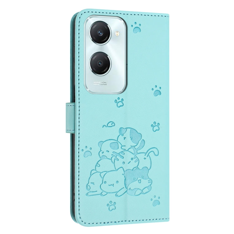 For vivo Y03 4G / Y18 / Y18e Embossed Kitten Phone Leather Case with Lanyard