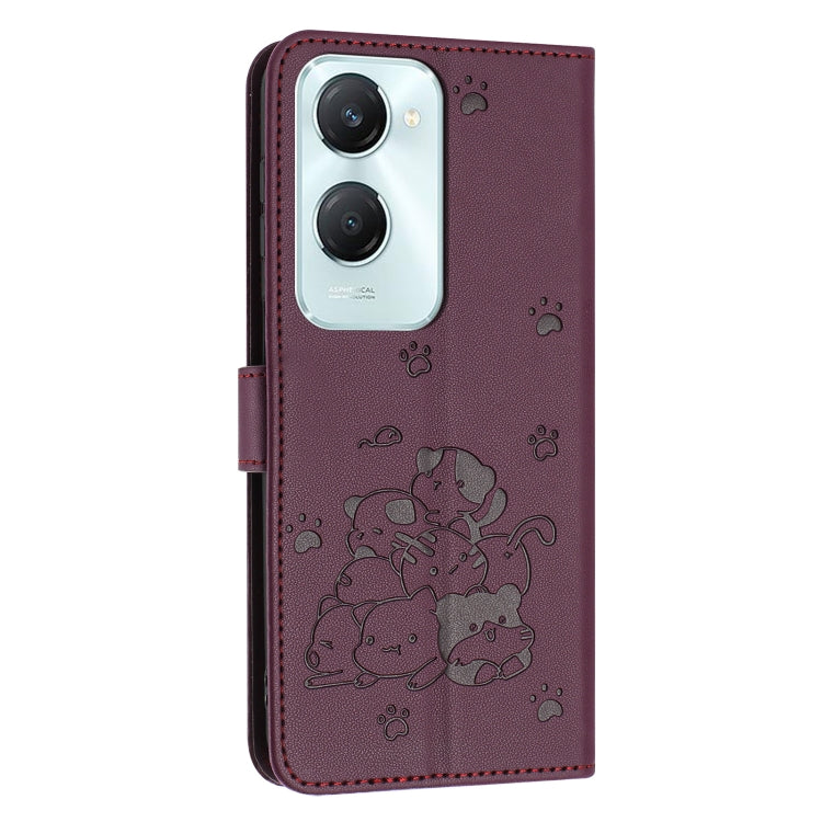 For vivo Y03 4G / Y18 / Y18e Embossed Kitten Phone Leather Case with Lanyard