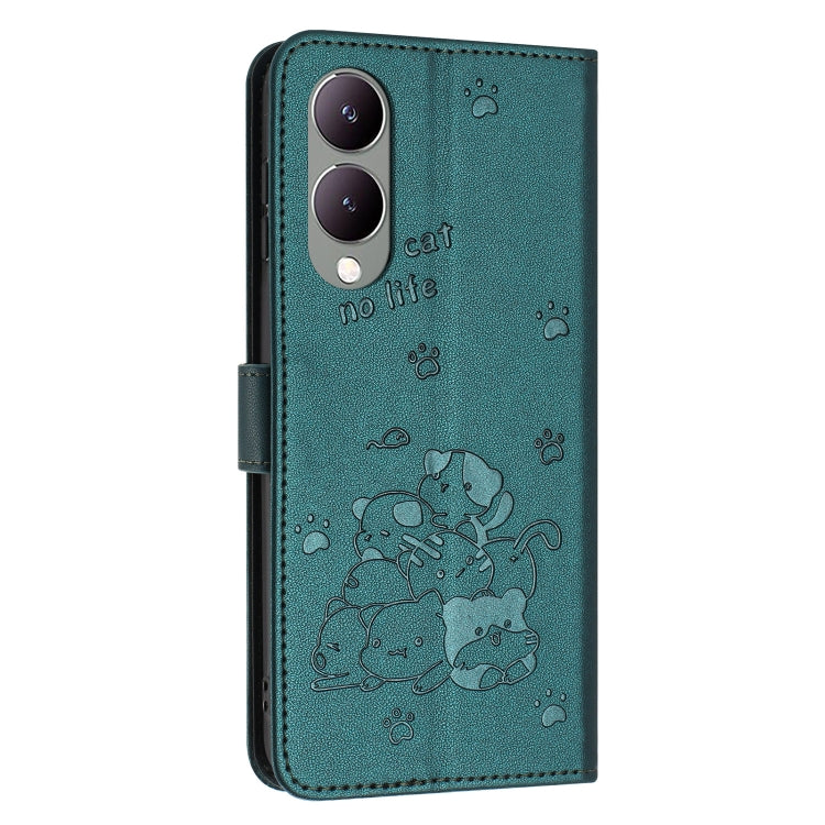 For vivo Y17s Global / Y36i 5G Embossed Kitten Phone Leather Case with Lanyard