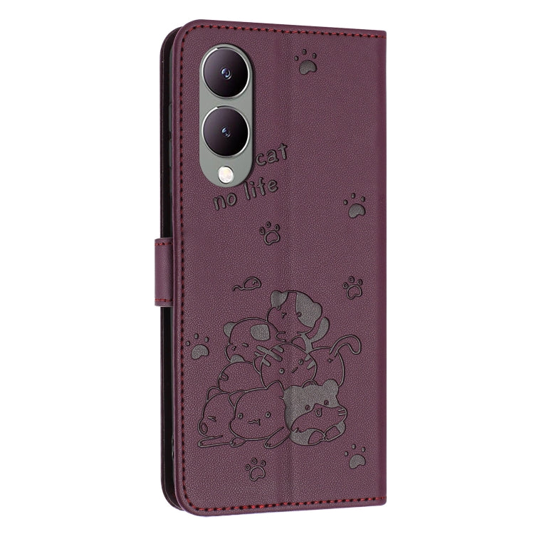 For vivo Y17s Global / Y36i 5G Embossed Kitten Phone Leather Case with Lanyard