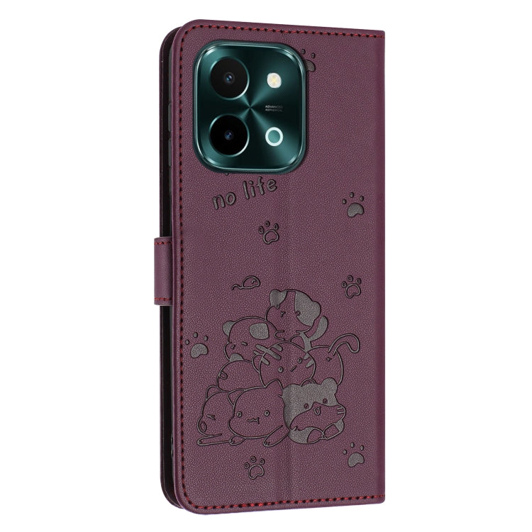 For vivo Y28 4G / iQOO Z9x 5G Embossed Kitten Phone Leather Case with Lanyard