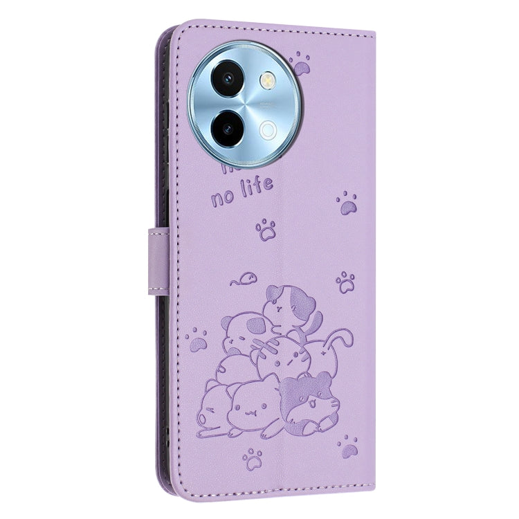 For vivo Y38 5G Global Embossed Kitten Phone Leather Case with Lanyard