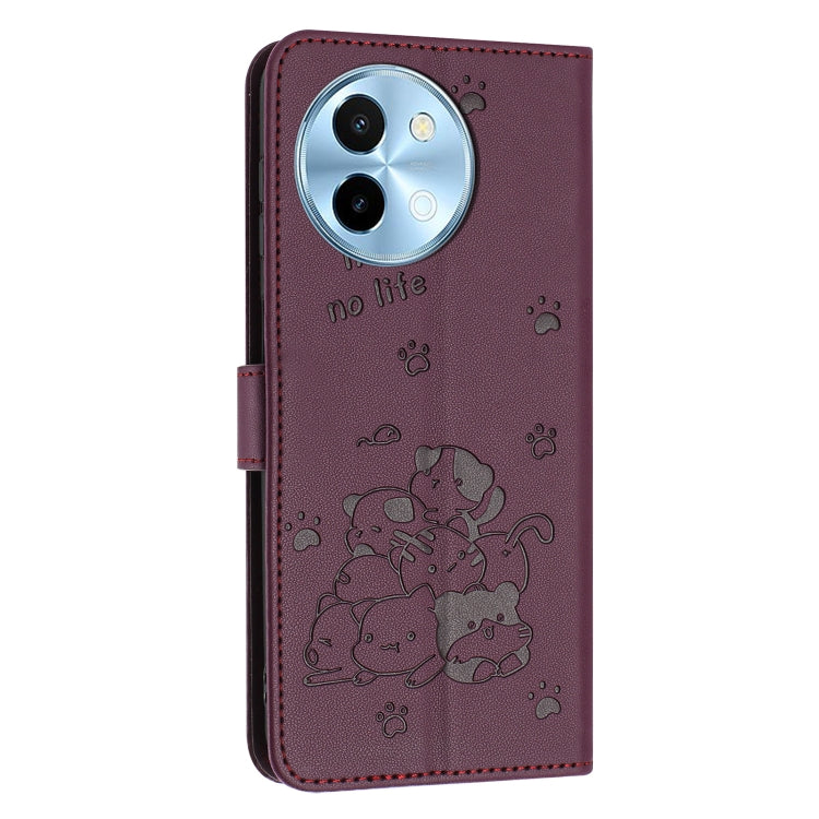 For vivo Y38 5G Global Embossed Kitten Phone Leather Case with Lanyard