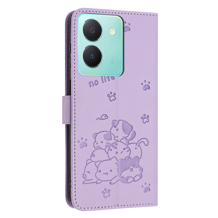 For vivo Y36 4G / 5G Global Embossed Kitten Phone Leather Case with Lanyard