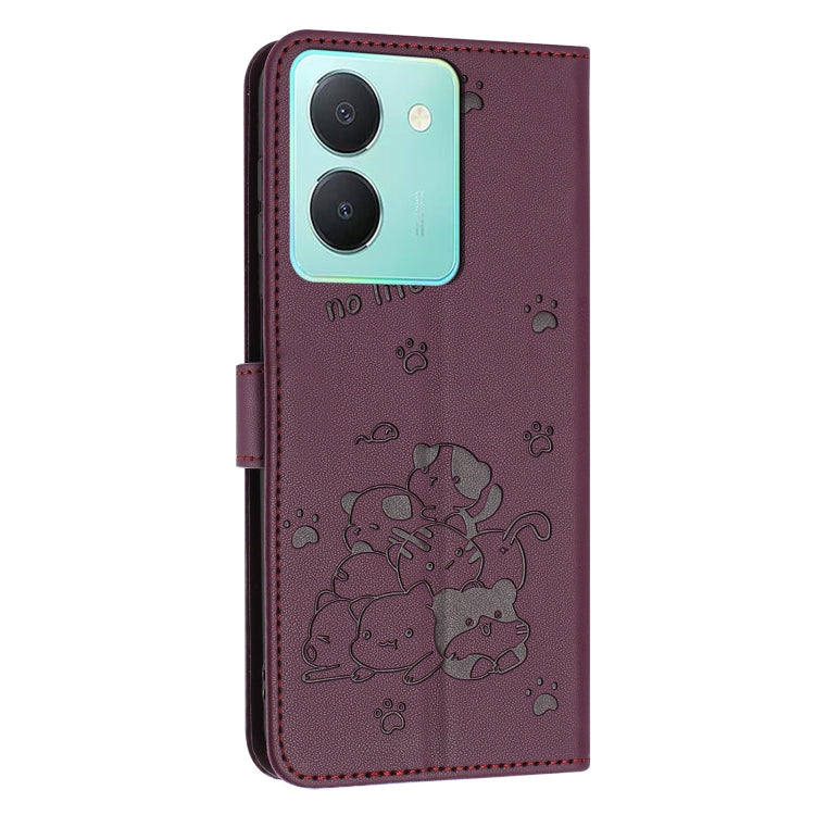 For vivo Y36 4G / 5G Global Embossed Kitten Phone Leather Case with Lanyard