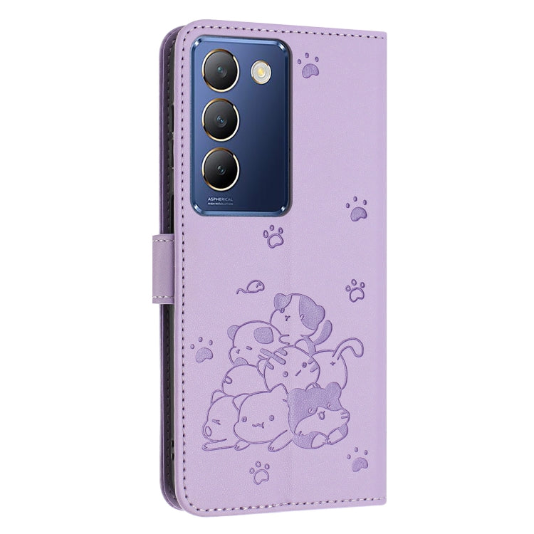For vivo Y100 IDN / Y200e 5G Global Embossed Kitten Phone Leather Case with Lanyard
