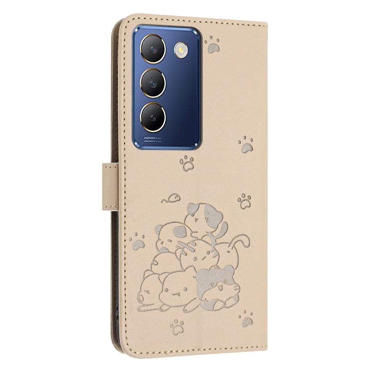 For vivo Y100 IDN / Y200e 5G Global Embossed Kitten Phone Leather Case with Lanyard