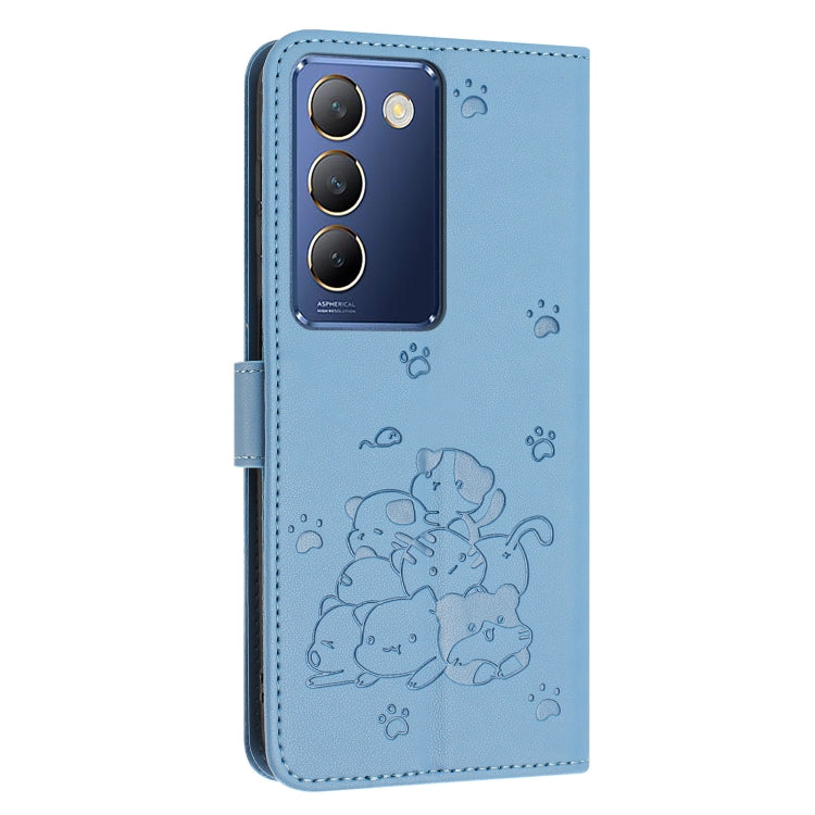 For vivo Y100 IDN / Y200e 5G Global Embossed Kitten Phone Leather Case with Lanyard