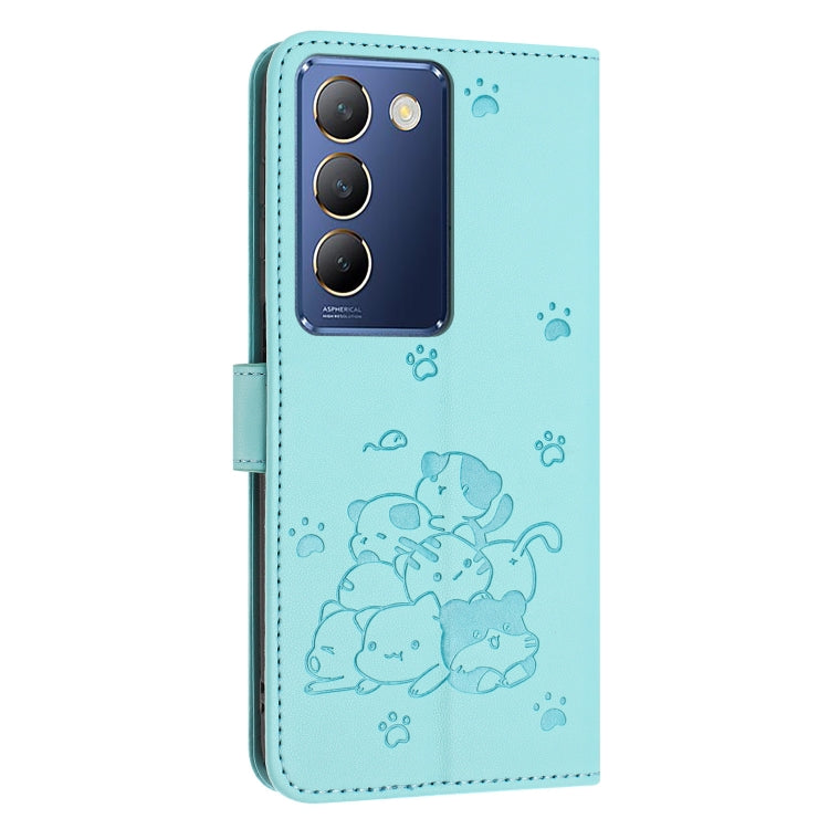 For vivo Y100 IDN / Y200e 5G Global Embossed Kitten Phone Leather Case with Lanyard