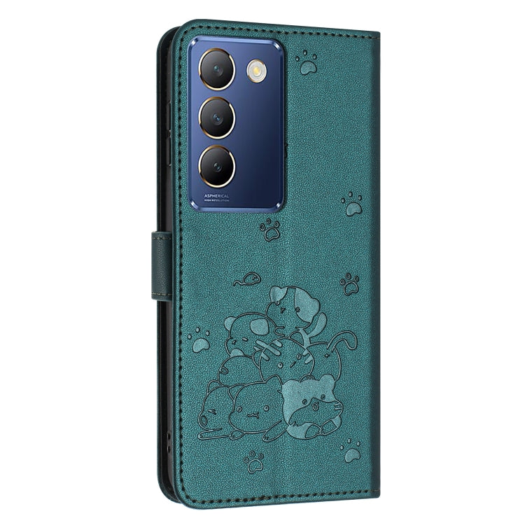 For vivo Y100 IDN / Y200e 5G Global Embossed Kitten Phone Leather Case with Lanyard
