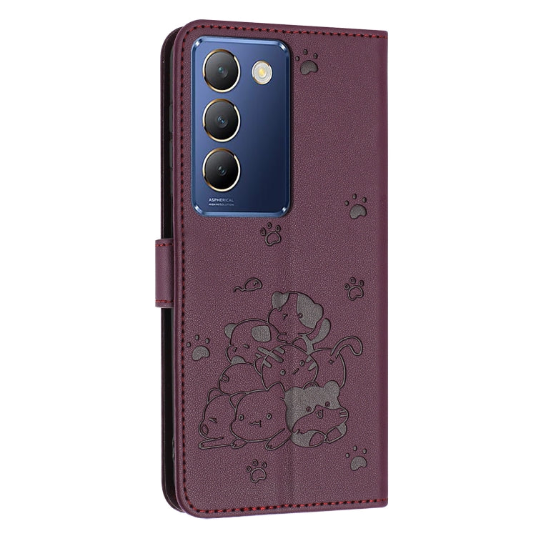 For vivo Y100 IDN / Y200e 5G Global Embossed Kitten Phone Leather Case with Lanyard