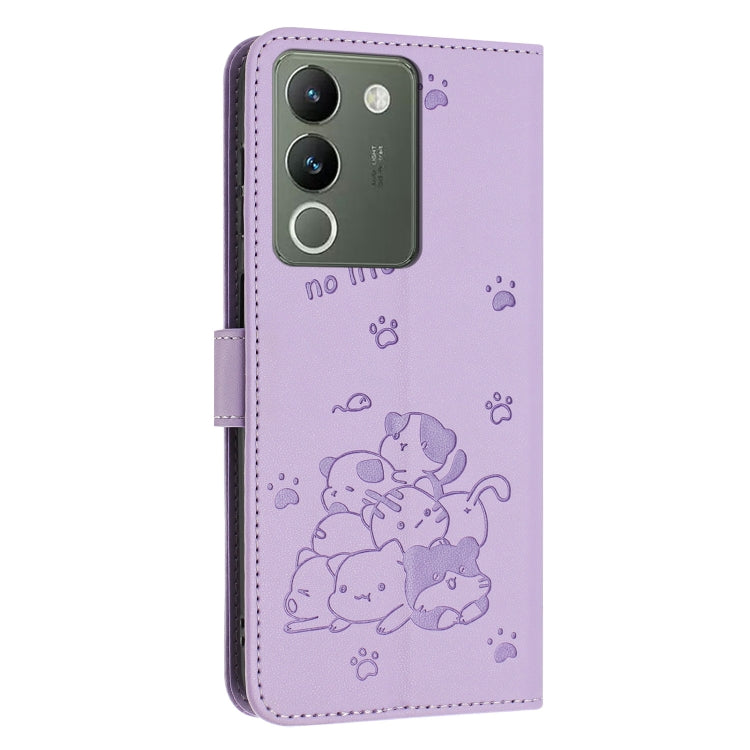 For vivo Y200 5G Global Embossed Kitten Phone Leather Case with Lanyard