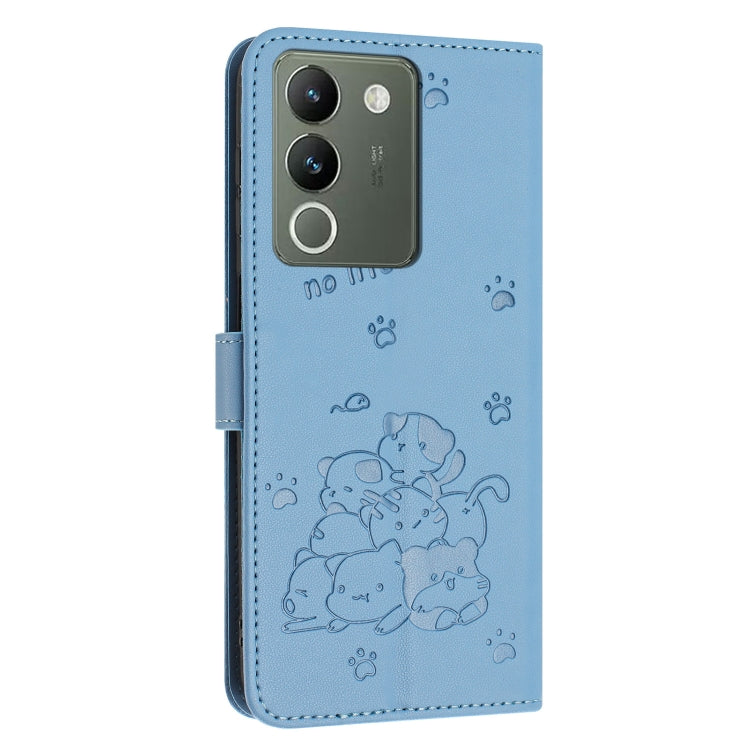 For vivo Y200 5G Global Embossed Kitten Phone Leather Case with Lanyard