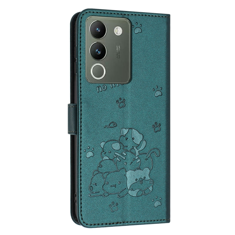 For vivo Y200 5G Global Embossed Kitten Phone Leather Case with Lanyard