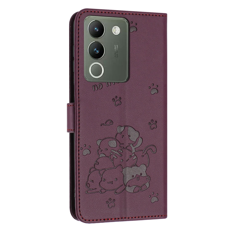 For vivo Y200 5G Global Embossed Kitten Phone Leather Case with Lanyard