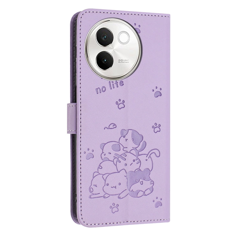 For vivo V30e 5G / V40 Lite 5G Embossed Kitten Phone Leather Case with Lanyard